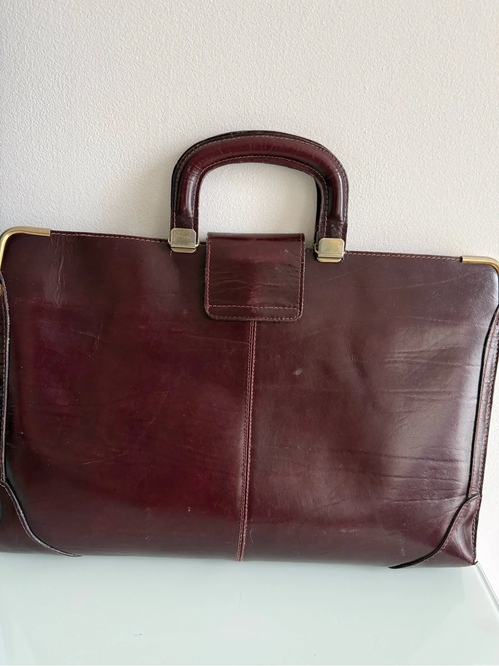 Classic Men's Leather Briefcase in Burgundy with Gold Accents